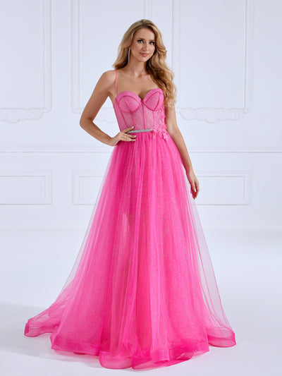 A-line , Sweetheart, Floor-Length ,Shinny Hot Pink, Prom Dresses with Crystals Belt
