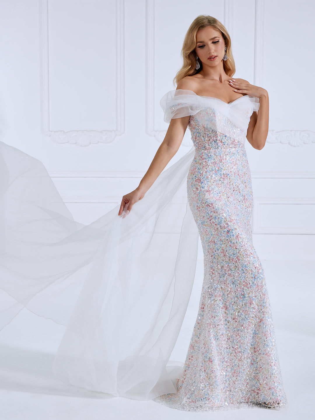 Mermaid V-Neck Cape Train Sequin Prom Dresses with Beading Sequins #18686 Mermaid V-Neck Cape Train Sequin Prom Dresses with Beading Sequins #18686
