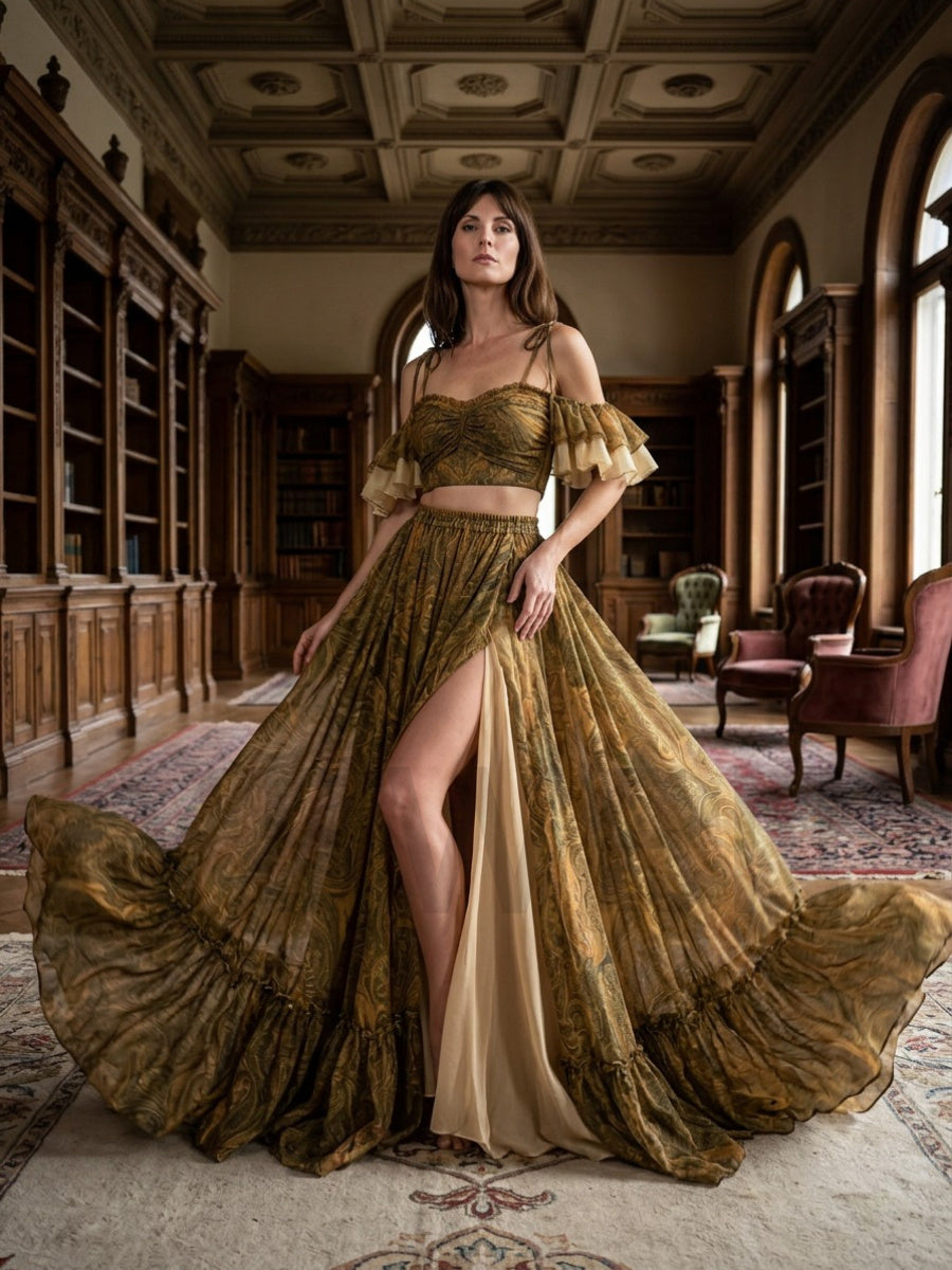 Olive Two-Piece Ruffle Flutter Sleeve Boho Dress YD260835