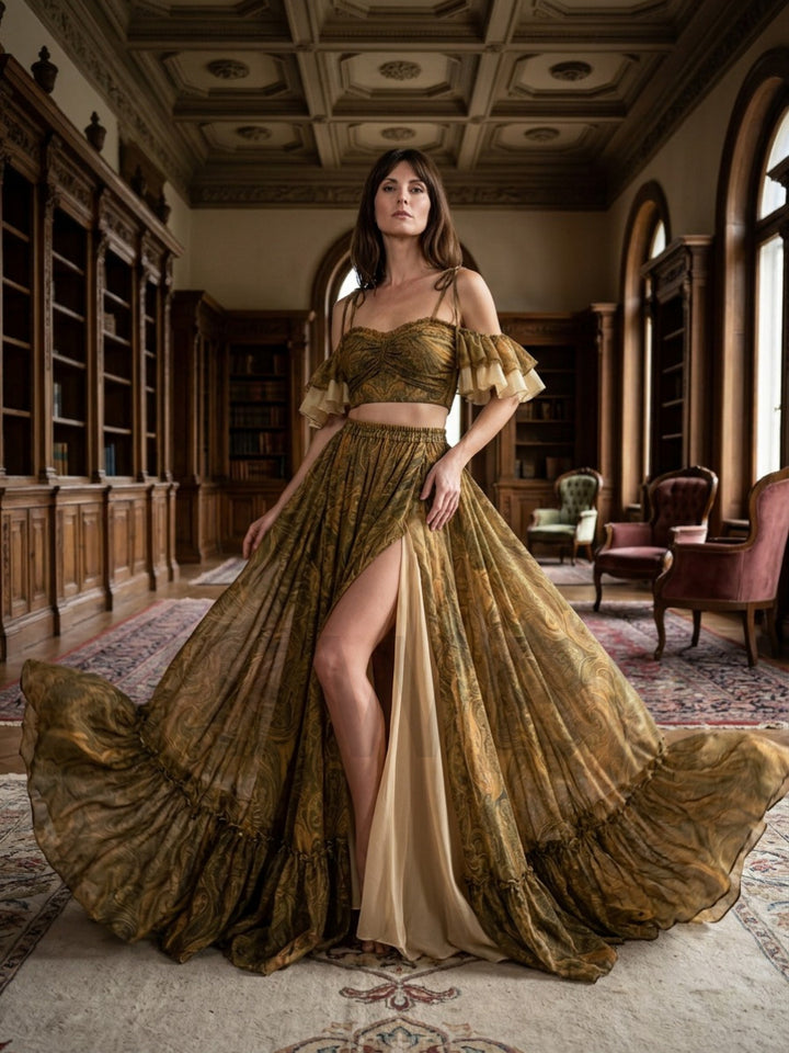 Olive Two-Piece Ruffle Flutter Sleeve Boho Dress YD260835