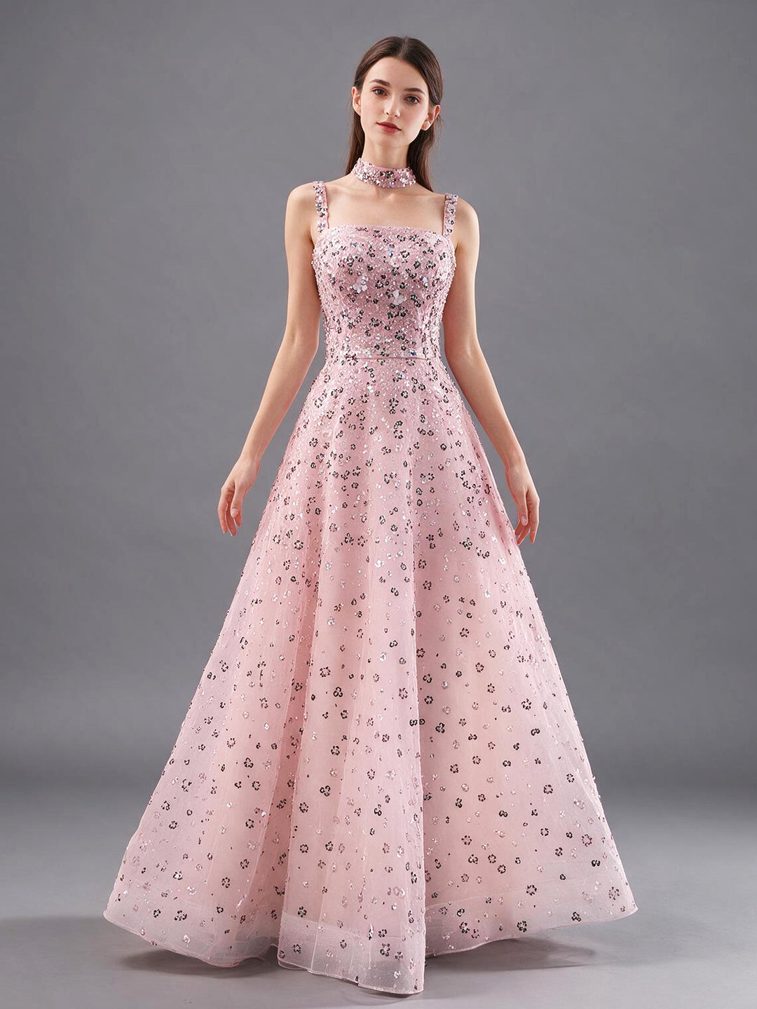 A-Line Square Neck Sequin Floral Evening Gown YX007