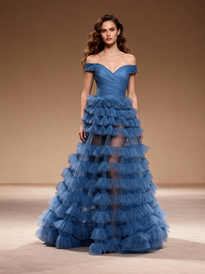 Layer Pink Prom Dress Off The Shoulder Long Evening Party Dresses F25159J