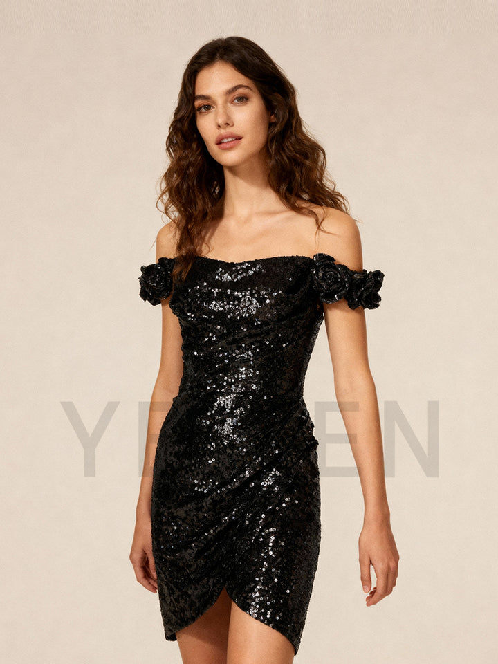 Champagne Sparkly Sequins Dress Above Knee Length Elegant Party Gown