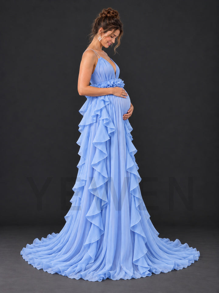 Spaghetti Deep V-Neck Tulle Ruffle Maternity Photoshoot Gown HA261003