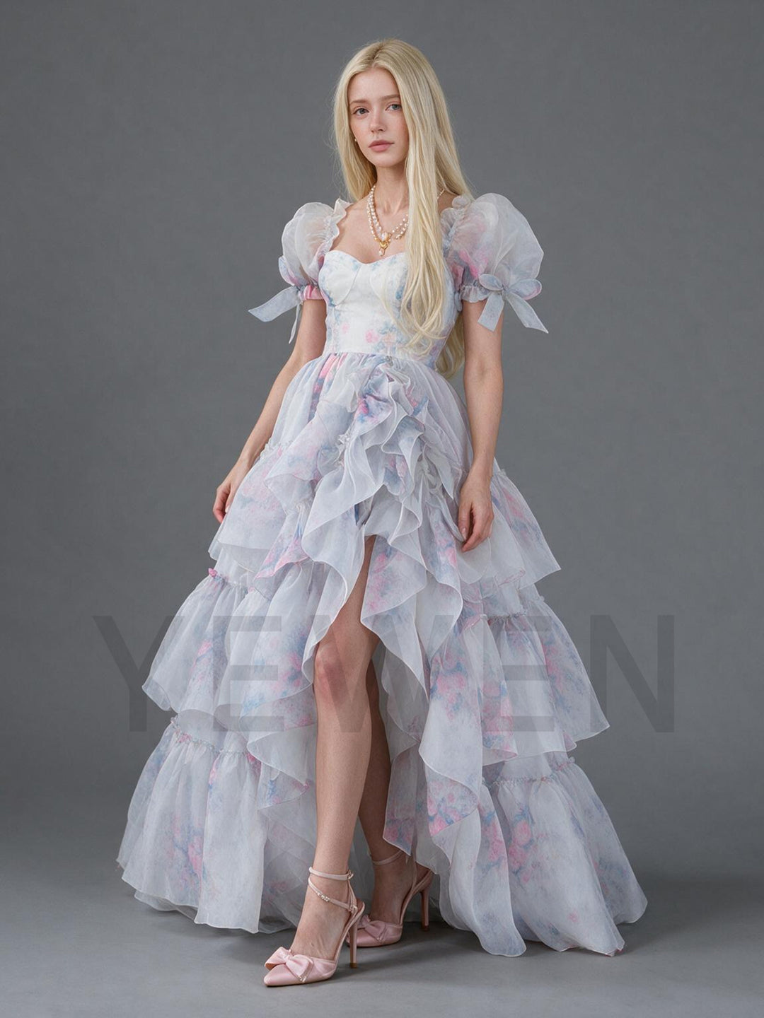 Floral Puff Sleeve High-Low Tiered Ruffle Princess Dress YW2609272