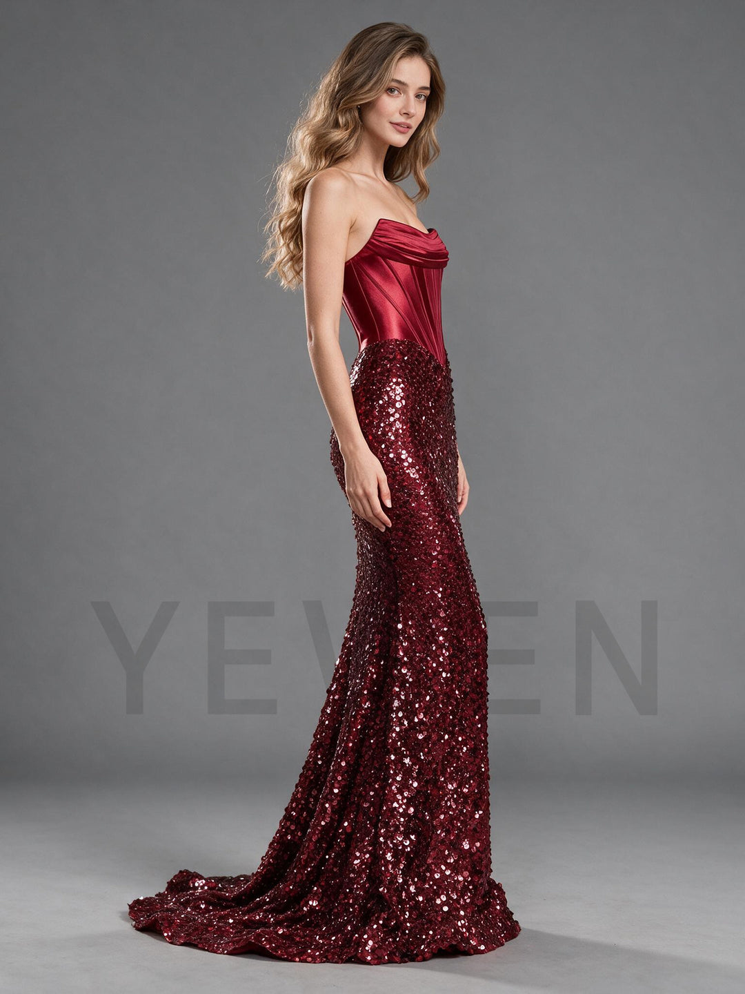 Burgundy Strapless Sequin Mermaid Christmas Dress YW2609222