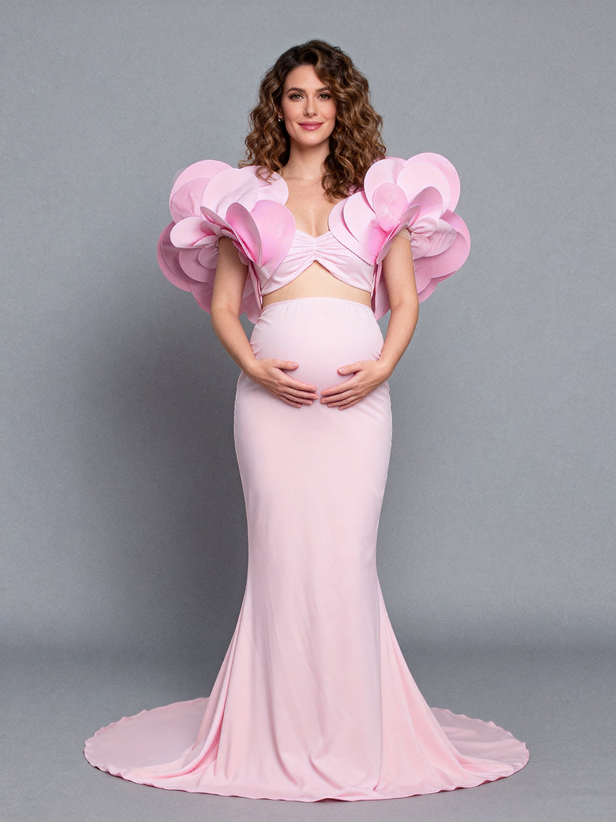 Stretchy Long Maternity Dress for Photoshoot with Handmade Flower Bicep Sleeves YW260234