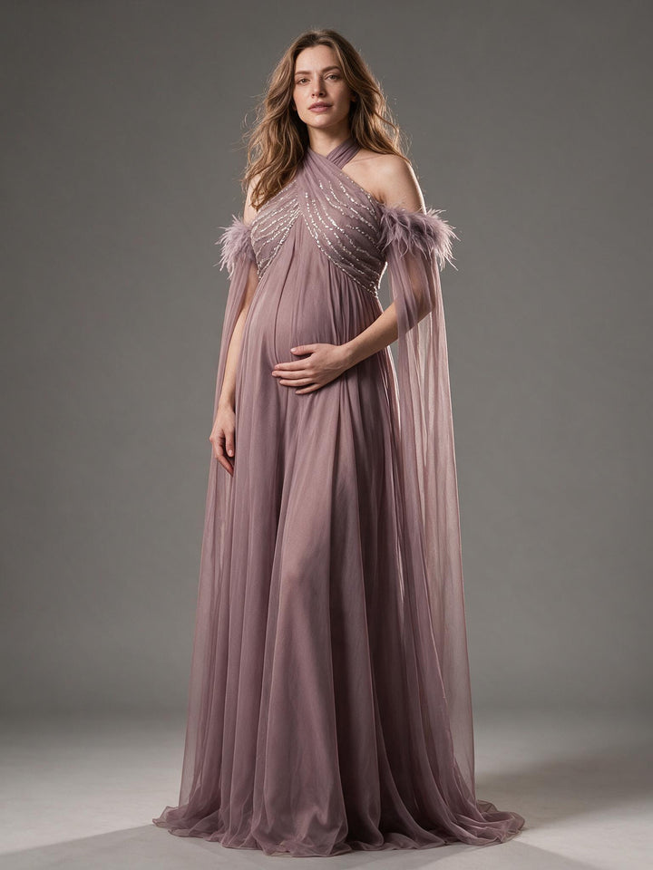 Feather Trim Sequin Halter Maternity Dress for Baby Shower YW2609235