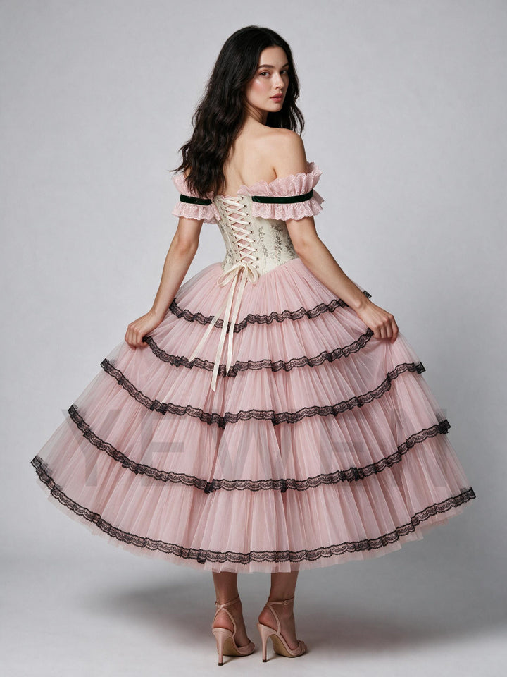 Pink Off-Shoulder Floral Princess Dress with Black Lace Trimmed Tiered Skirt WT268022