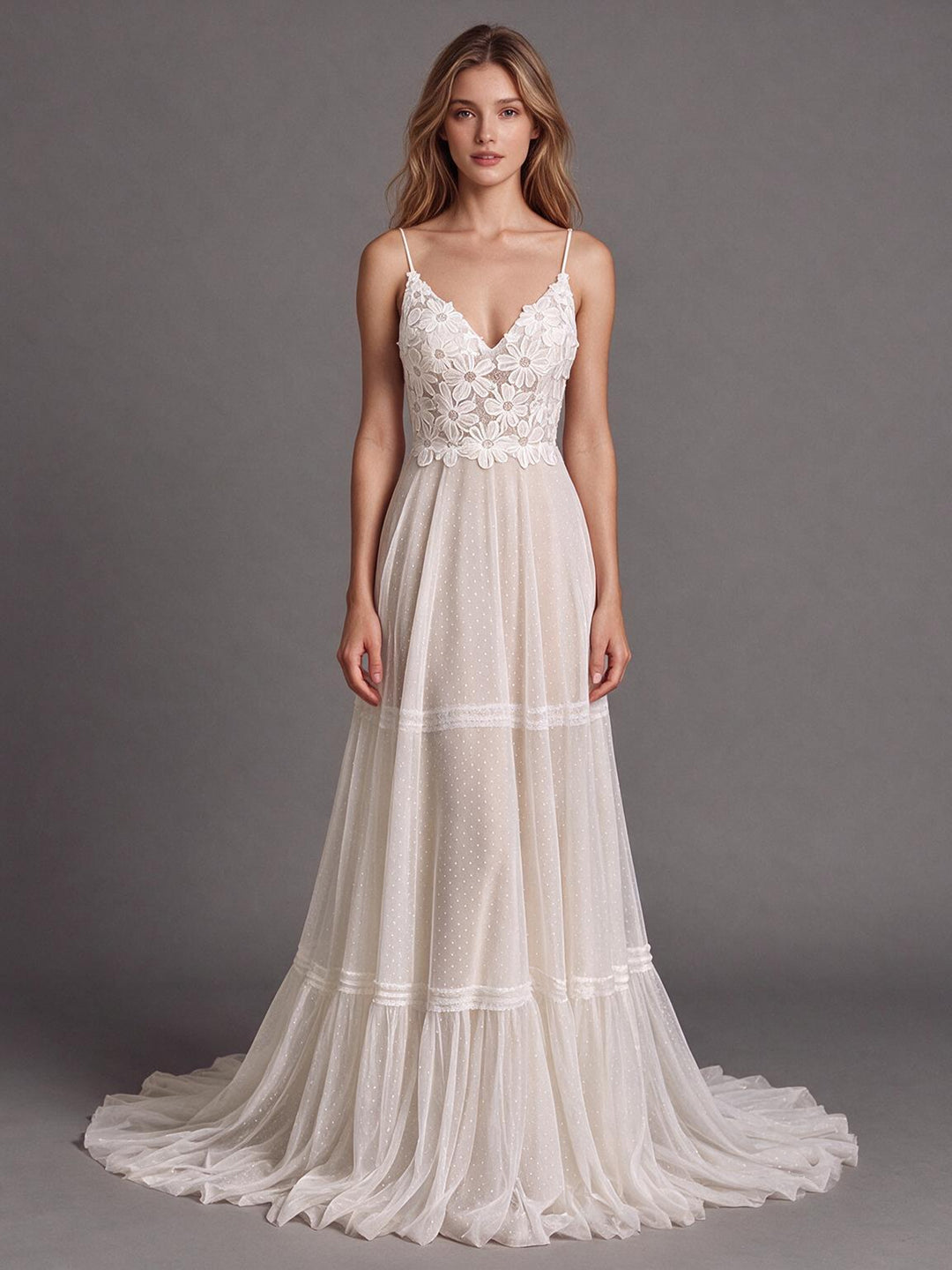 Ivory Spaghetti Strap V-Neck Floral Lace Boho Wedding Dress