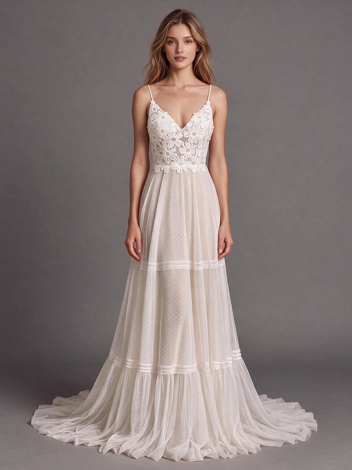 Ivory Spaghetti Strap V-Neck Floral Lace Boho Wedding Dress