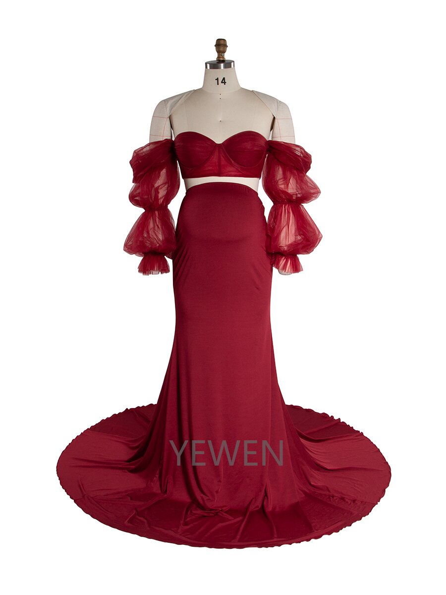 2 Piece Set Sheer Sleeves Stretchy Fabric Maternity Dresses for Photoshoot Baby Shower Dresses YW243148