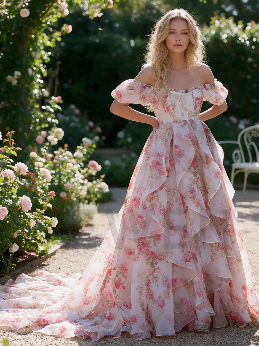 Pink Floral Print Off-Shoulder Puff Sleeve Princess Dress YW2609297