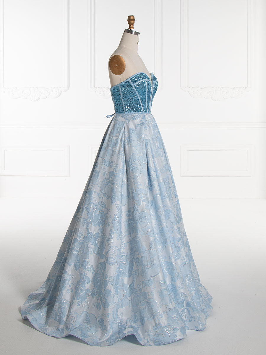 Elegant Sweetheart Blue Sequin Corset Top Jacquard Long Prom Dress yewendress Elegant Sweetheart Blue Sequin Corset Top Jacquard Long Prom Dress yewendress