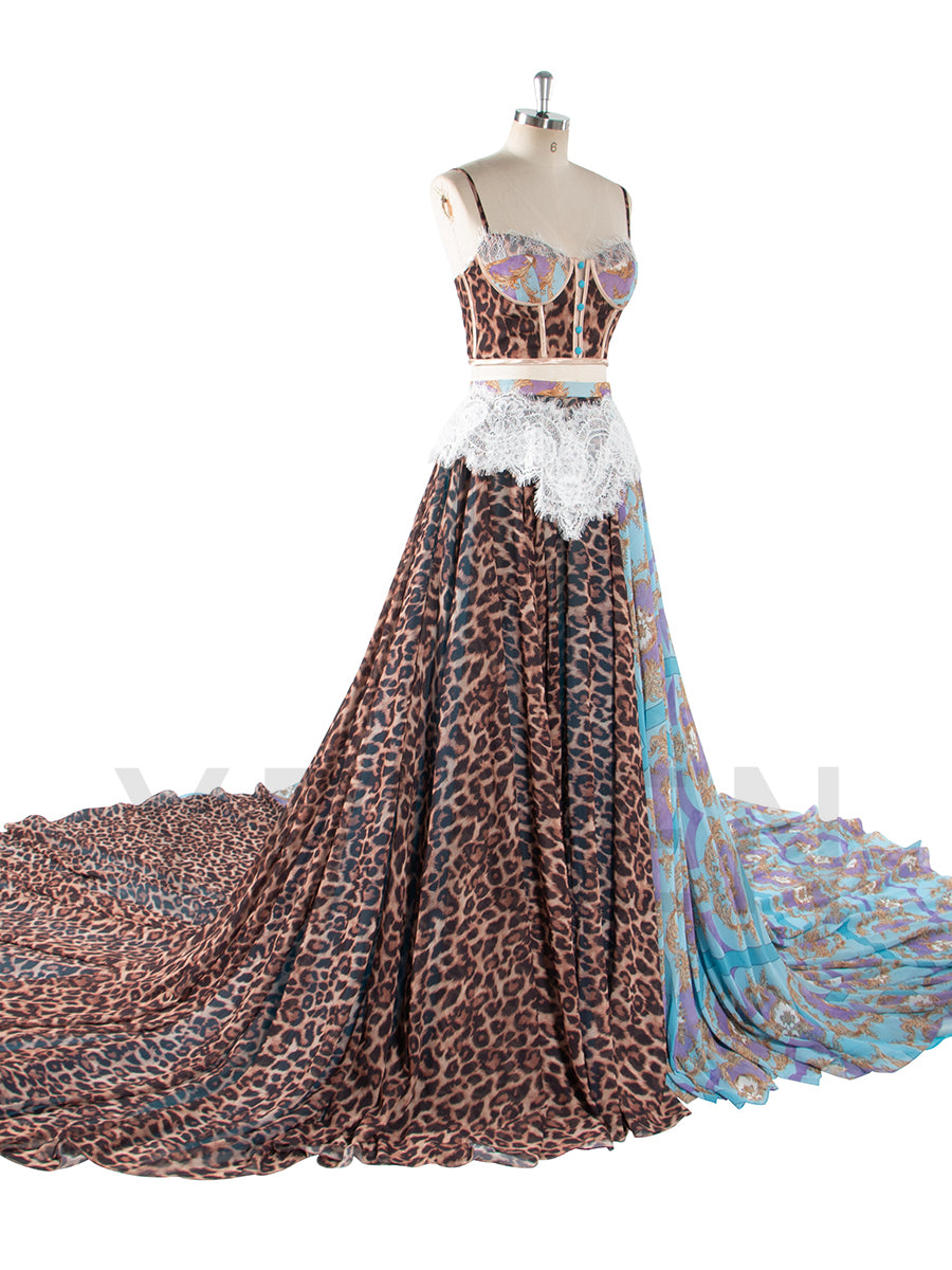 Exotic Leopard & Baroque Print Two-Piece Gown with Lace Detail and Flowing Train Photoshoot Outfit YW250066-1