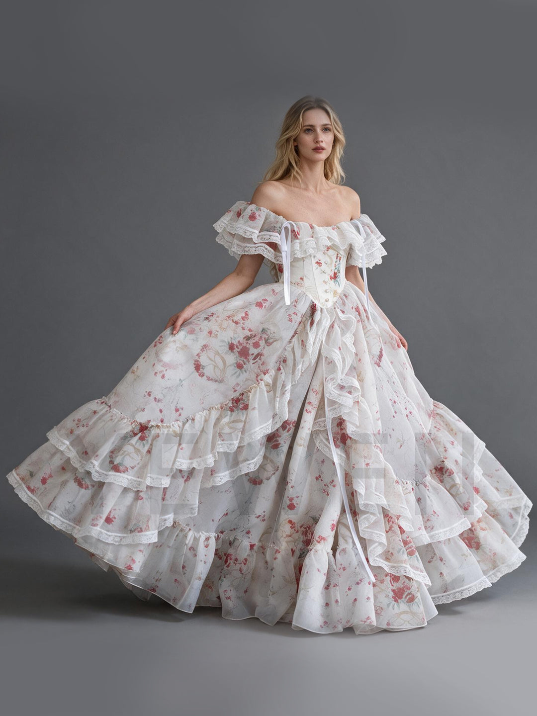 Floral Print Lace Off-Shoulder Tiered Ruffle Princess Dress YW26101411