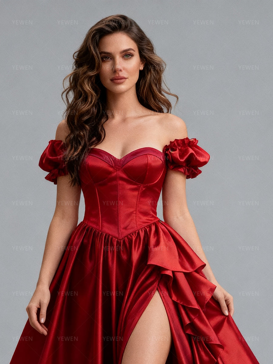 Burgundy Satin Photoshoot Dress Elegant High Slit Formal Occasion Gown