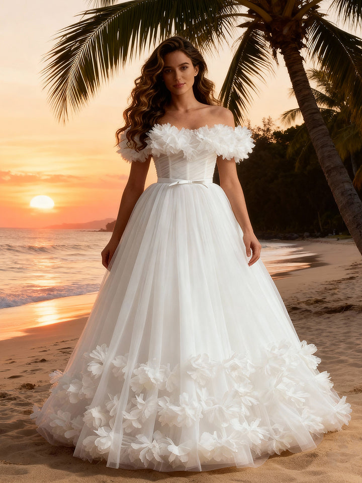 A Line Romantic 3D Floral Appliques Bridal Dress Beach Wedding Dress