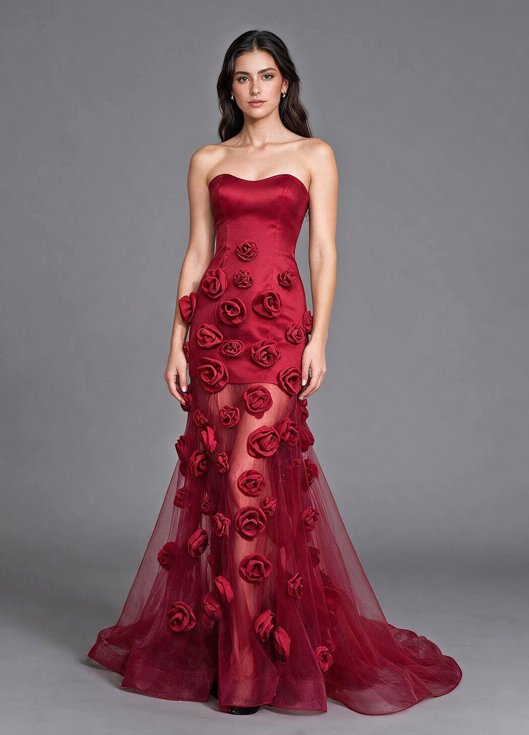 Strapless Satin 3D Handmade Rose Evening Gown with Sheer Train YX003