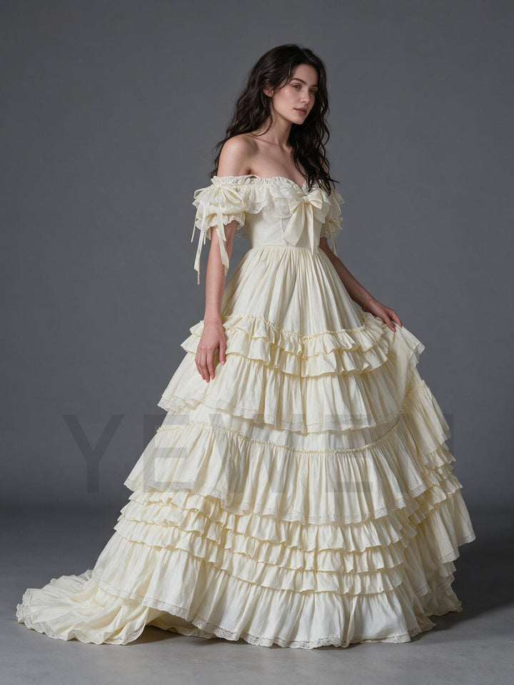Cream Off-Shoulder Puff Sleeve Tiered Ruffle Princess Dress YW2610168