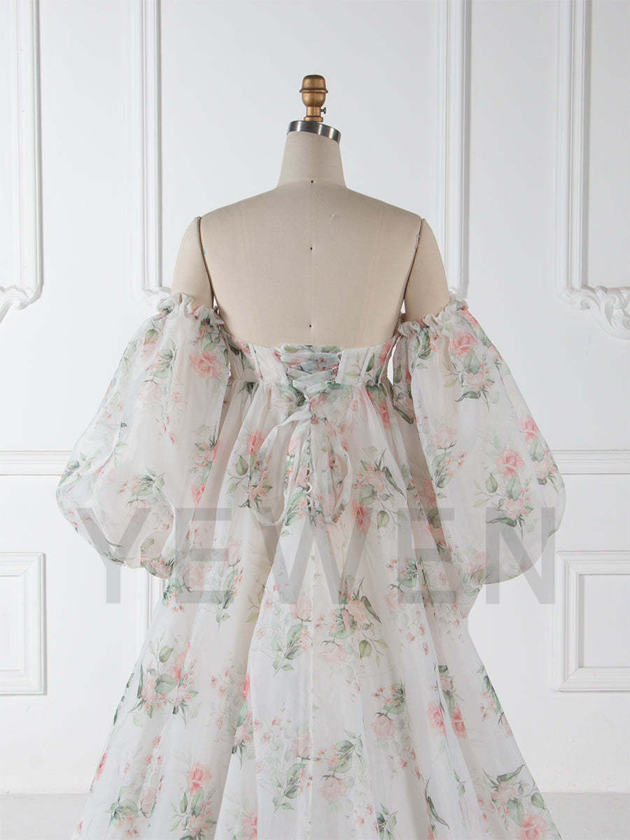 High Waist Floral Printed Silky Organza Dresses for Photo Shoot Baby Shower Gown for Pregnant Women YW221105-1 High Waist Floral Printed Silky Organza Dresses for Photo Shoot Baby Shower Gown for Pregnant Women YW221105-1