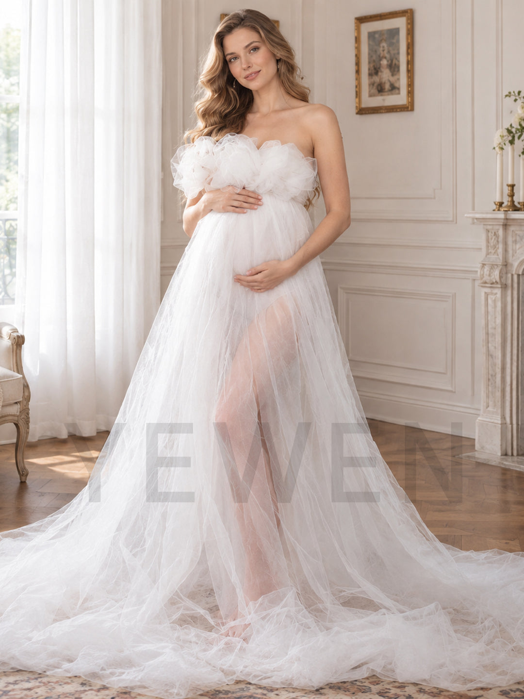 Strapless Tulle Bow Sheer Overlay Maternity Photoshoot Gown YW2609301