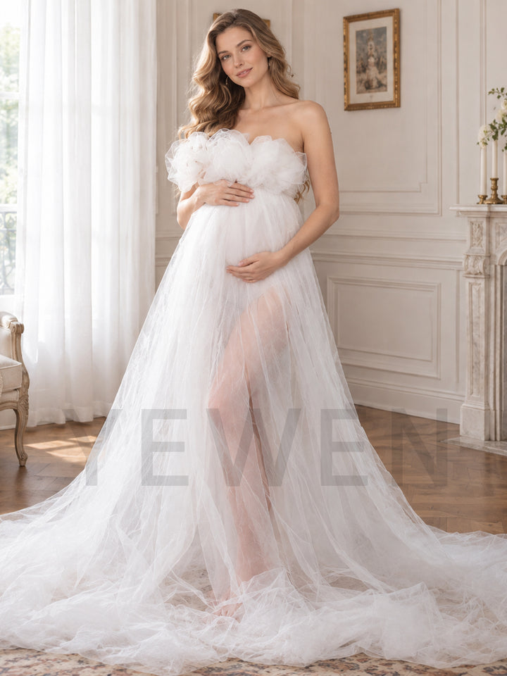 Strapless Tulle Bow Sheer Overlay Maternity Photoshoot Gown YW2609301