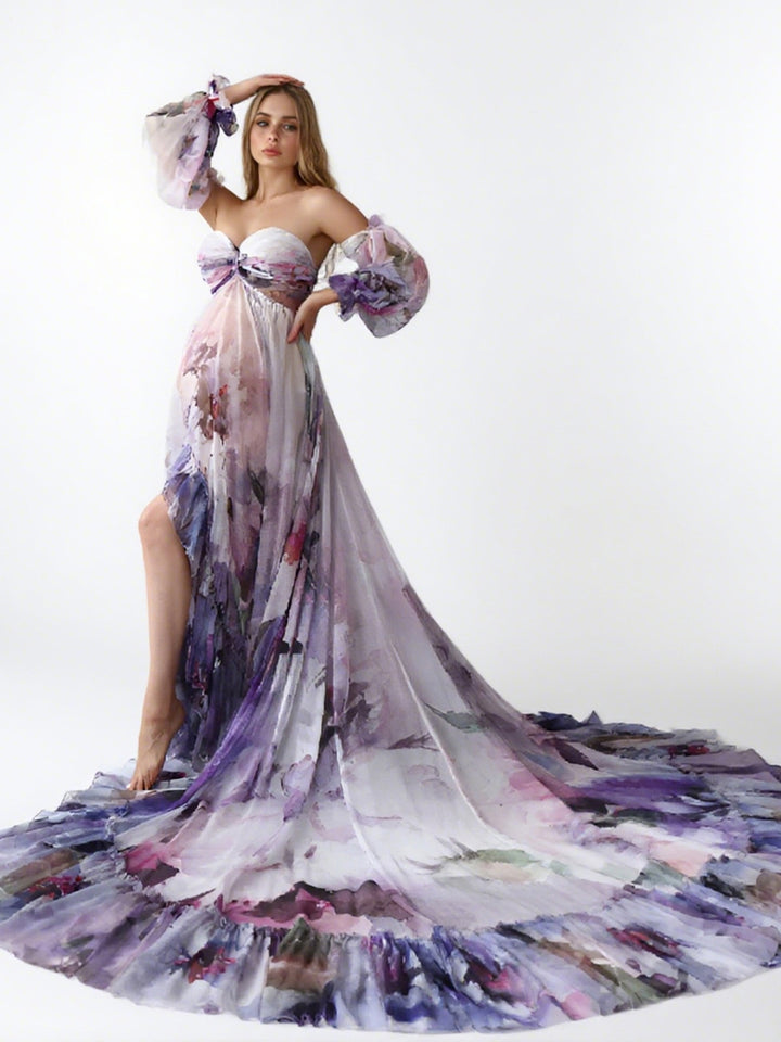 Bohemian Printed Chiffon Maternity Dress for Photoshoot Pregnancy Dress Photoshoot YW240526