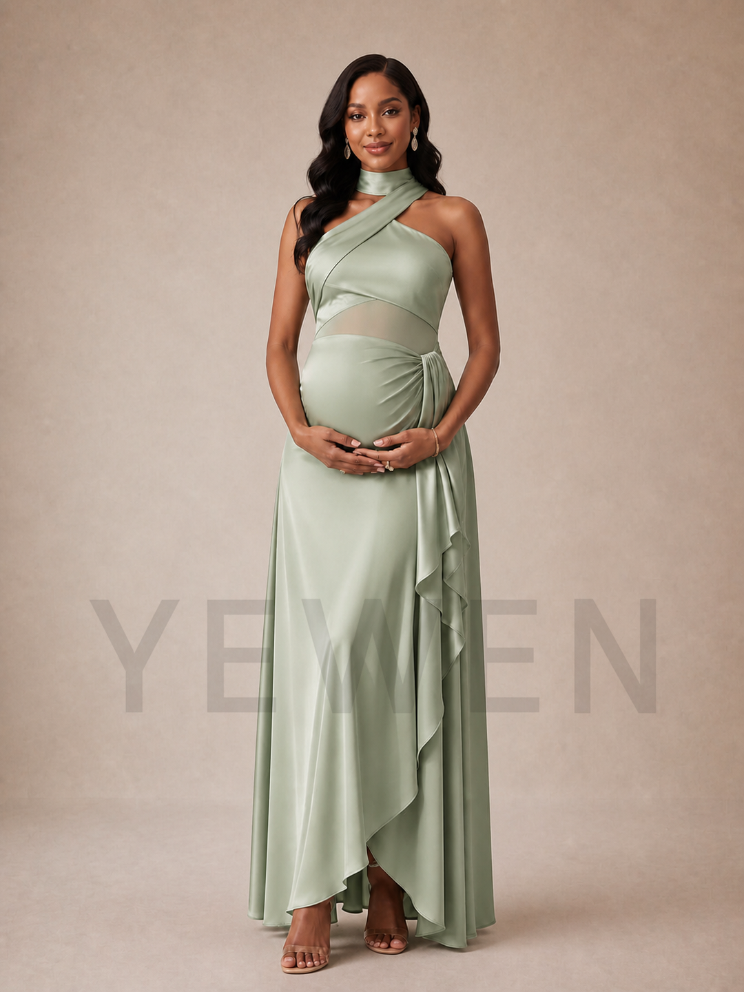 Sage Green Satin Maternity Baby Shower Dress Criss Cross Halter Neck ZX005