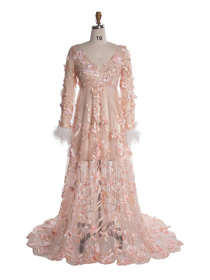 Maternity Dress with 3D Floral Lace Boho Sheer Mesh Fairy Maxi Dress Photoshoot Outfit YW250051