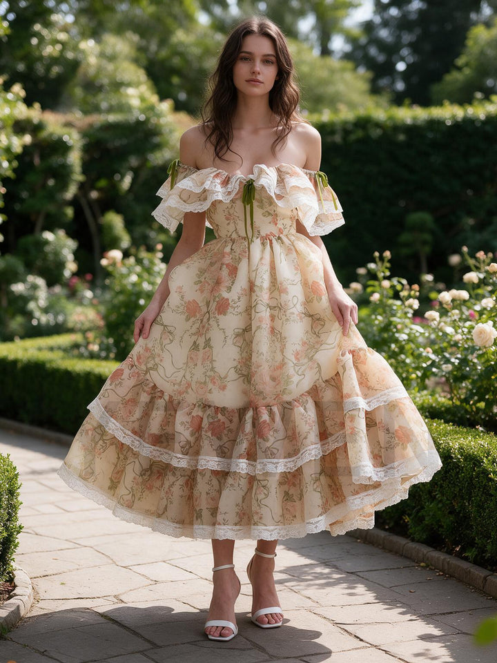 Cream Rose Floral Off-Shoulder Lace Ruffle Princess Dress YW2609291