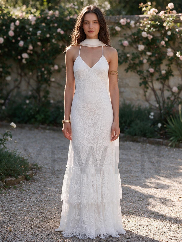 Ivory Spaghetti Strap V-Neck Scarf Lace Boho Wedding Dress