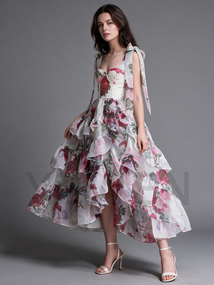 Watercolor Floral Tiered Ruffle Shoulder Tie Princess Dress YW2610164