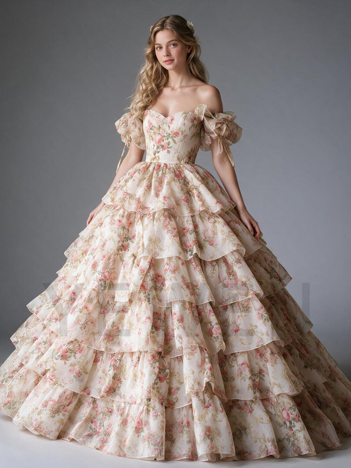 Vintage Rose Floral Off-Shoulder Puff Sleeve Princess Dress YW2609296