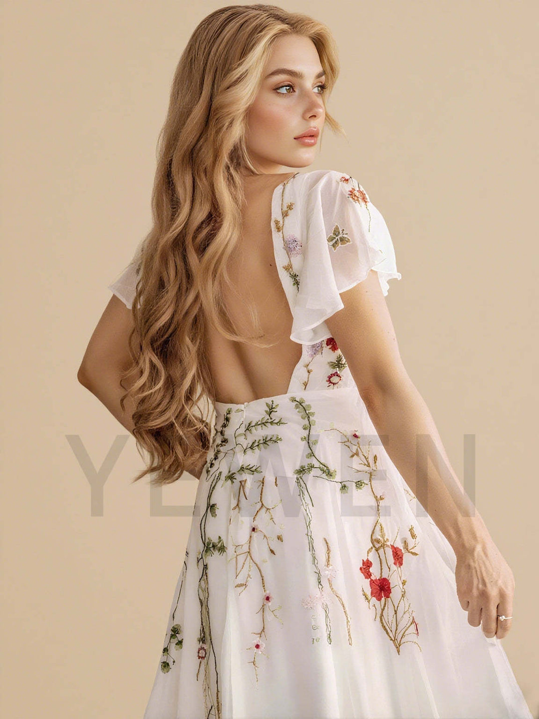 colorful bohemian wedding dress Chic Floral Embroidered Boho Wedding Dress with Detachable Sleeves