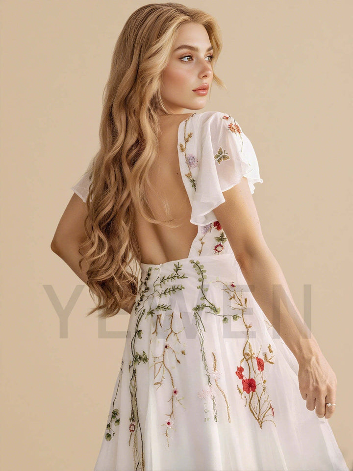 Bohemian Wedding Dress Colorful Floral Lace Chiffon Boho Wedding Gown