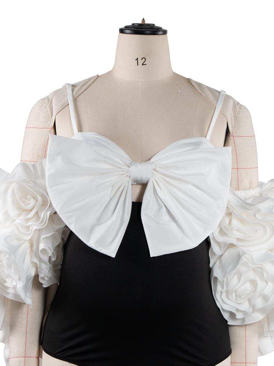 White Handmade Flower Bicep Jacket Women Cloak with Slip Bodysuit Photoshoot Props YW251041