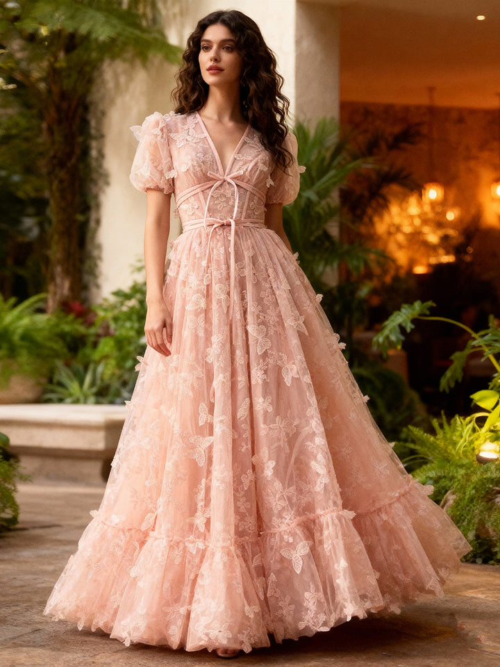 Butterflies Tulle Evening Dresses Floor Length V Neck Prom Gown