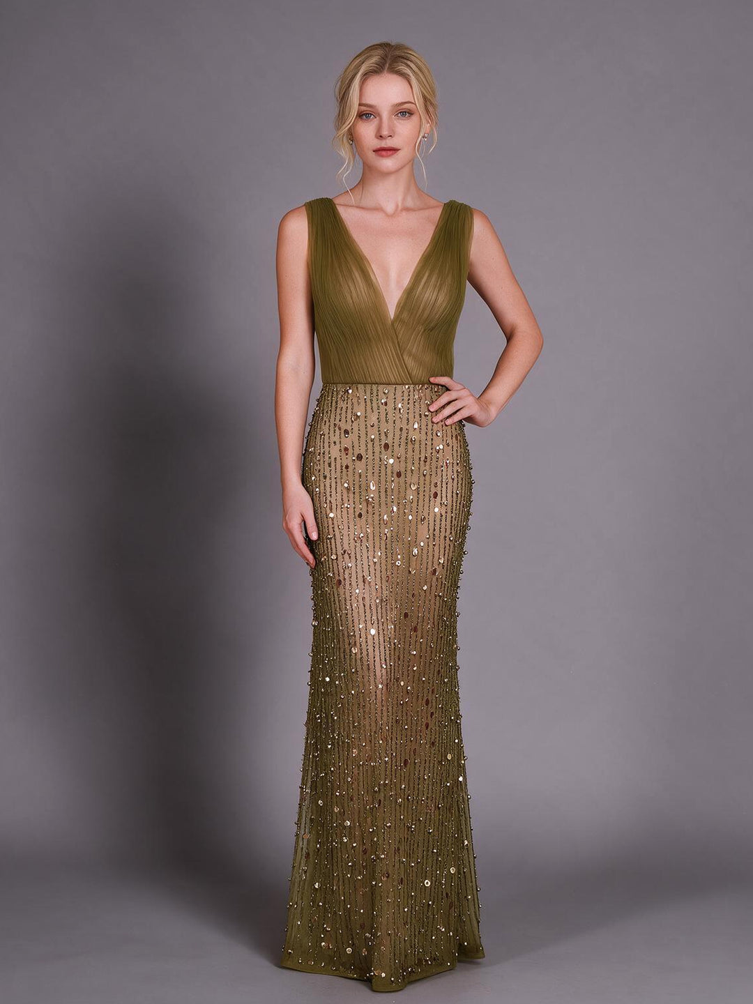 Olive Green Deep V-Neck Sheer Bodice Sequin Evening Gown YX009