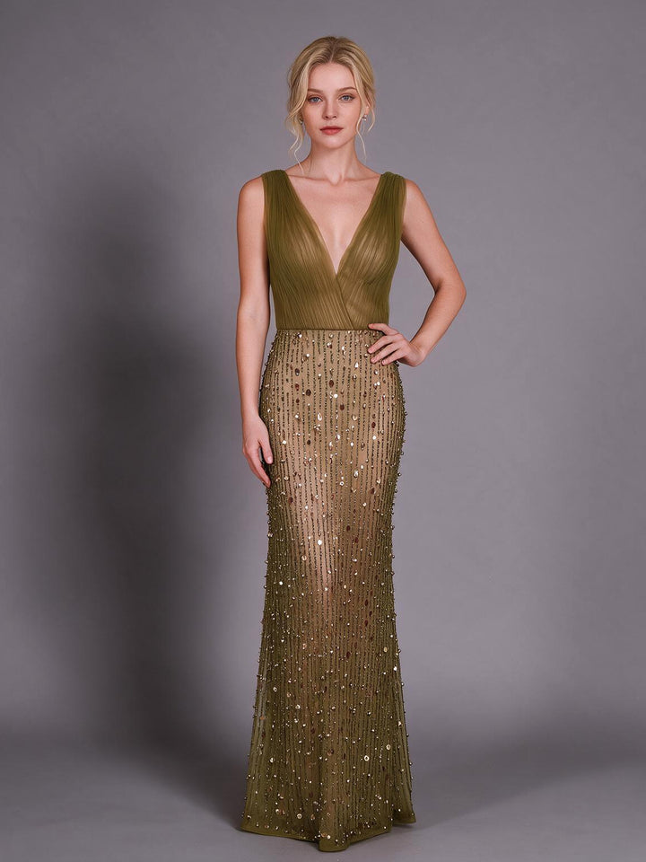 Olive Green Deep V-Neck Sheer Bodice Sequin Evening Gown YX009
