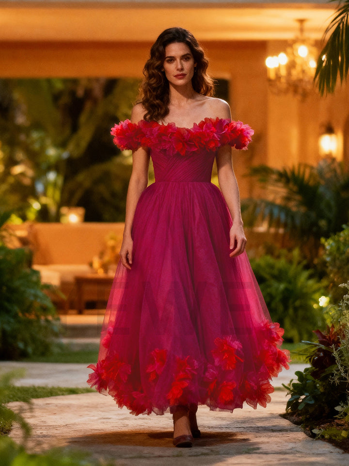 Fuchsia Midi Length Tulle Party Birthday Prom Dress
