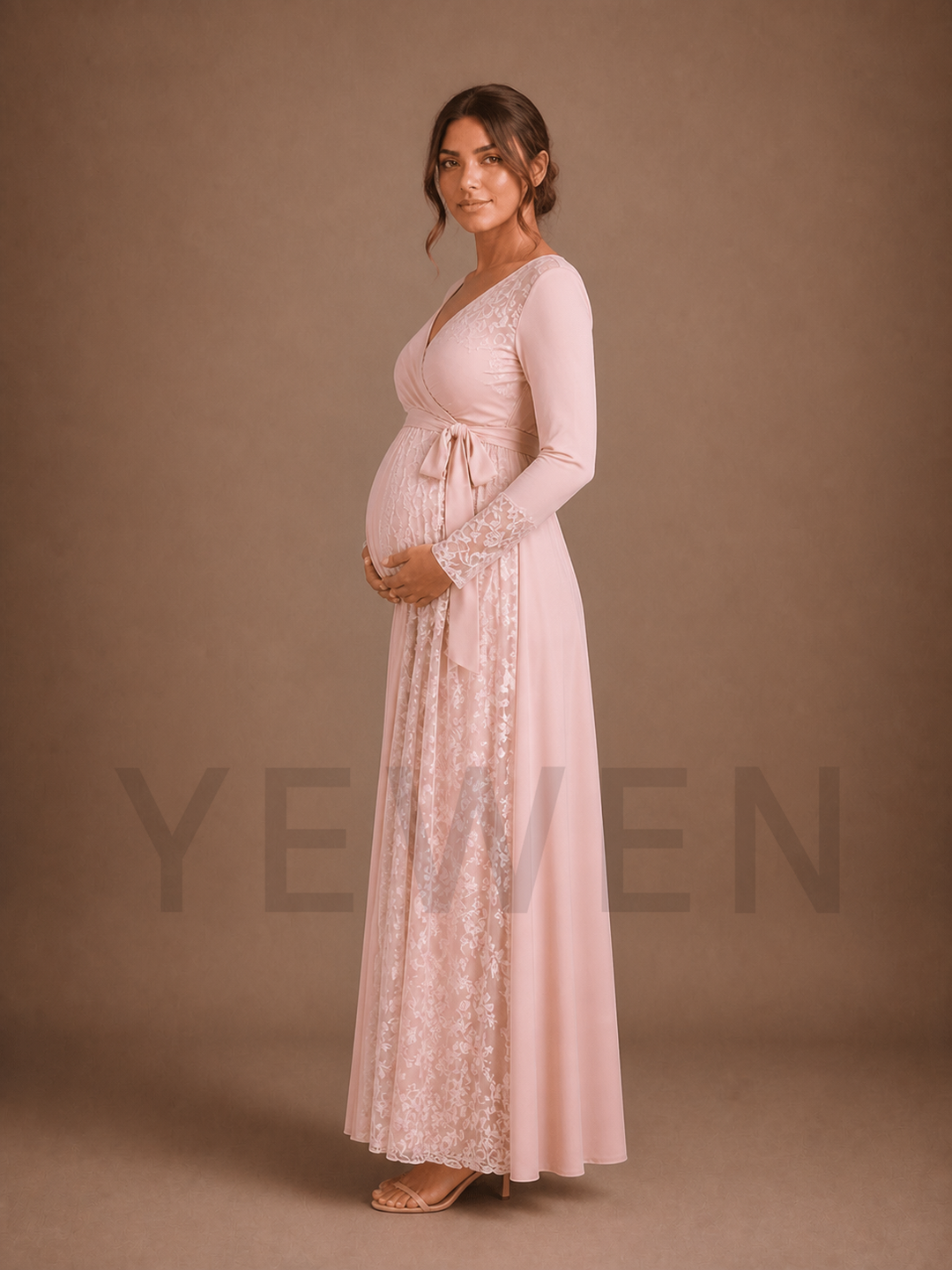 Blush Pink Wrap Maternity Baby Shower Dress V-Neck Gown with Lace Panels ZX022