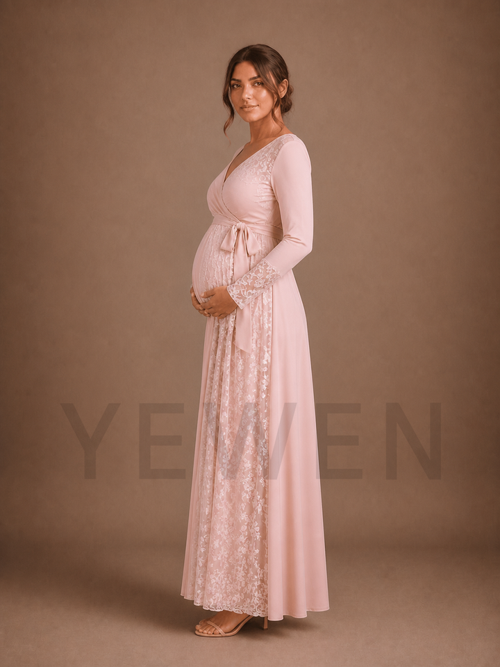 Blush Pink Wrap Maternity Baby Shower Dress V-Neck Gown with Lace Panels ZX022