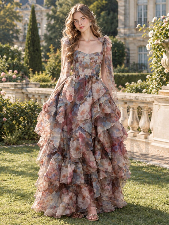 Watercolor Floral Tiered Ruffle Shoulder Tie Princess Dress  YW2610158