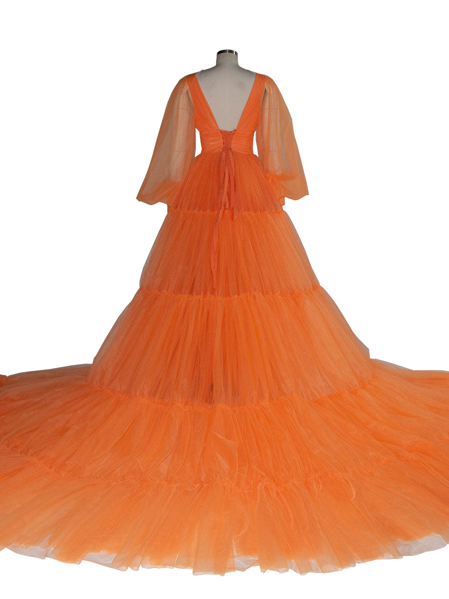 orange puffy dress Orange Tulle Dress: Ruffled Ball Gown, Photoshoot Dress