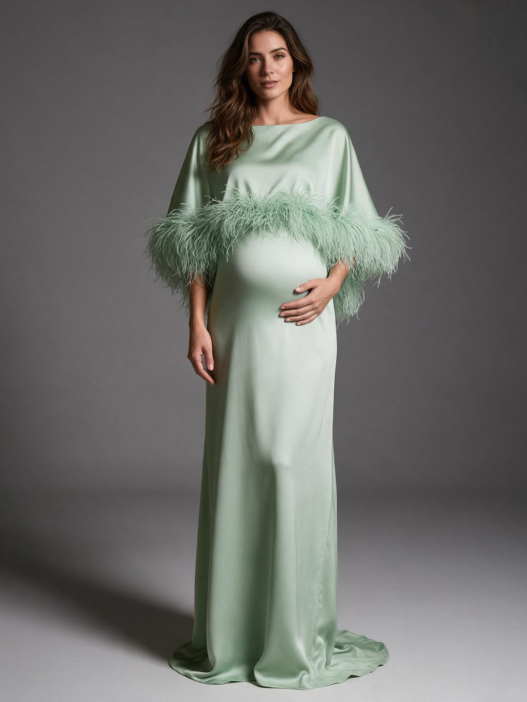 Boat Neck Ostrich Feather Satin Cape Maternity Dress for Baby Shower YW2609231
