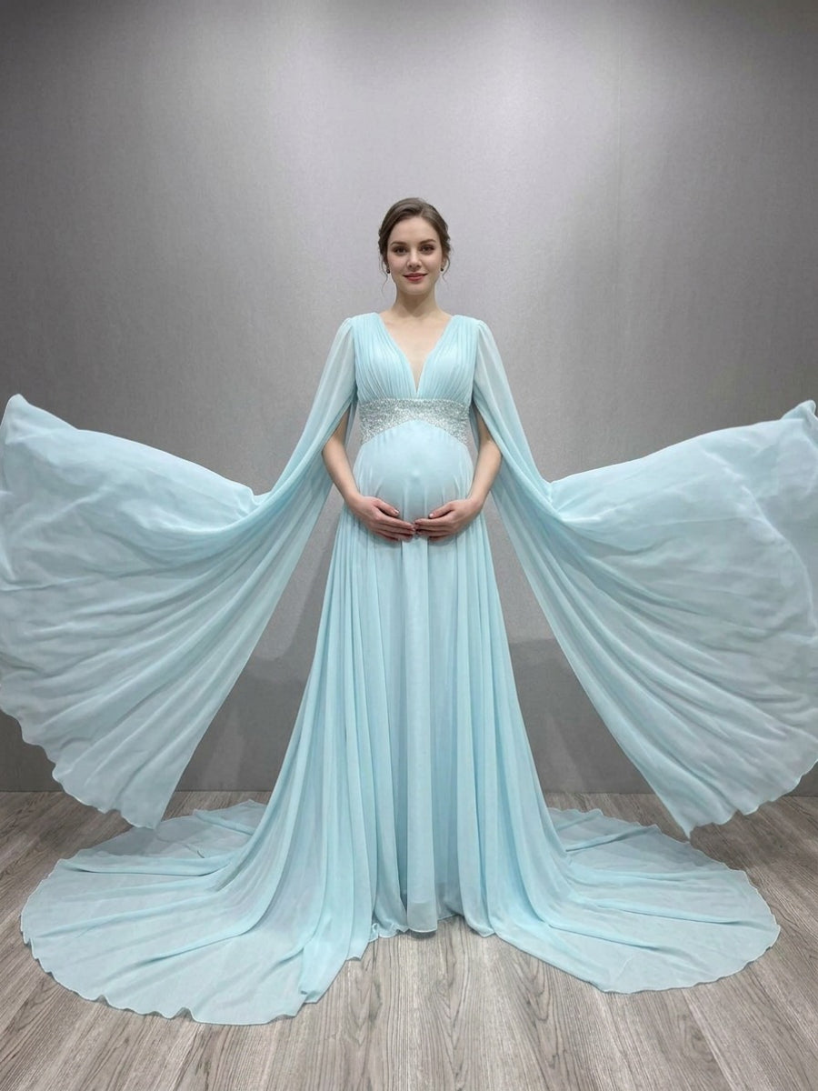 Blue Draped Chiffon Maternity Photoshoot Dress with long train YD260901