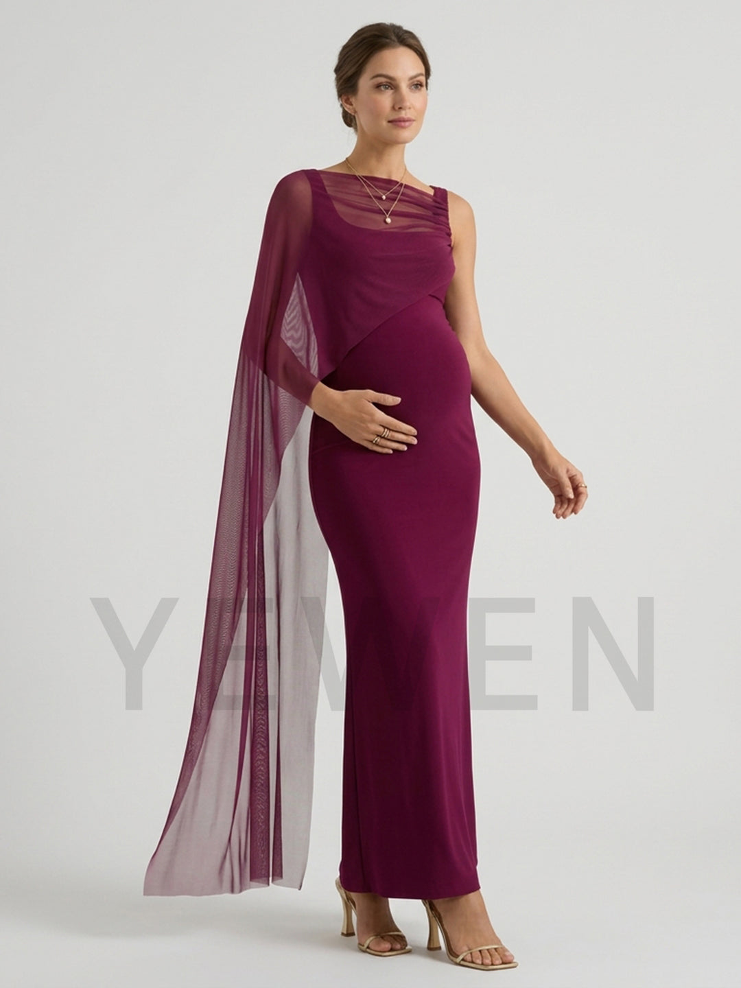 One-Shoulder Sheer Cape Maternity Dress for Baby Shower YM261007