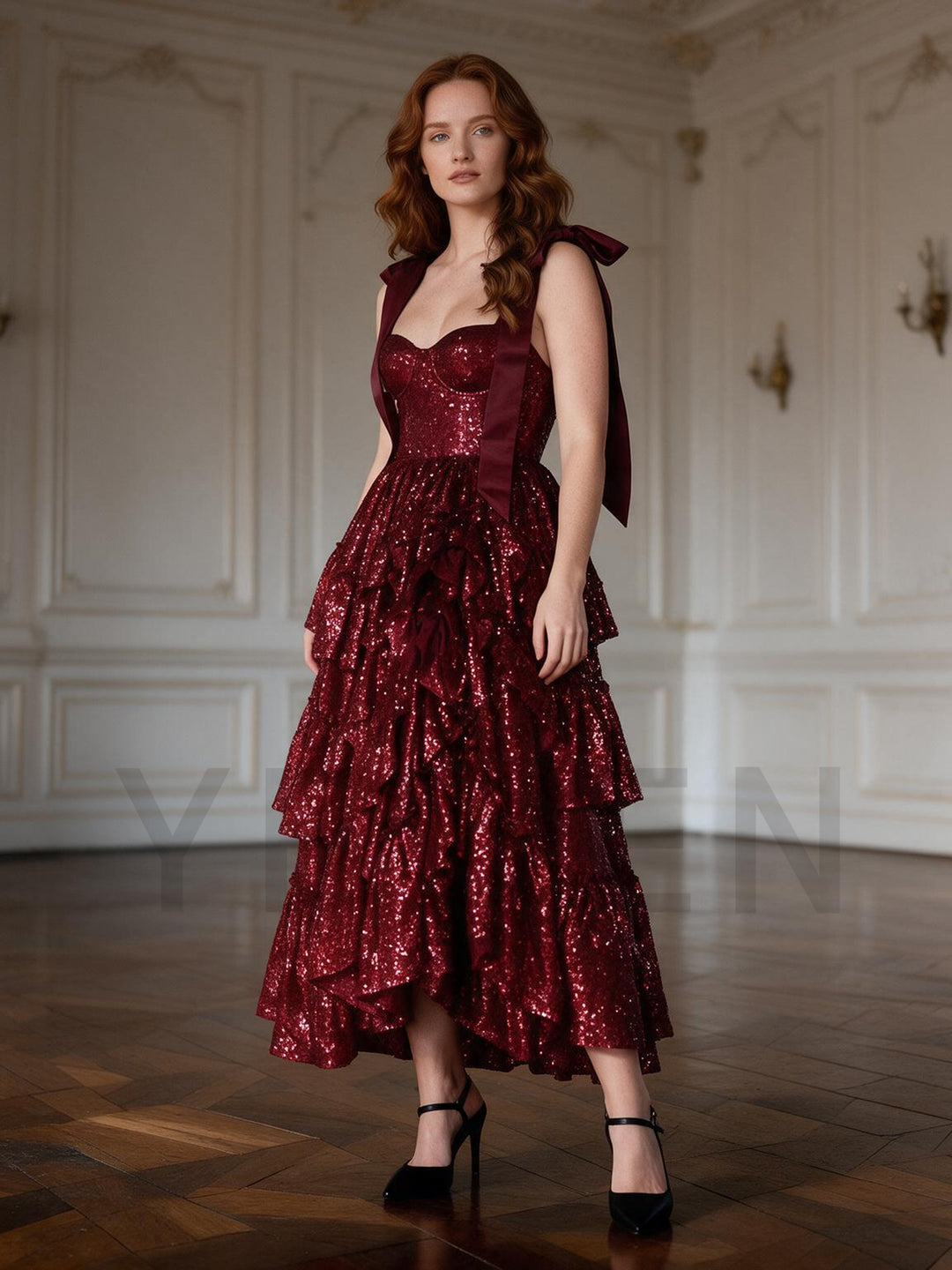 Burgundy Bow Strap Sequin Layered Ruffle Christmas Dress YW26100810