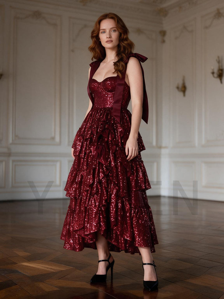 Burgundy Bow Strap Sequin Layered Ruffle Christmas Dress YW26100810